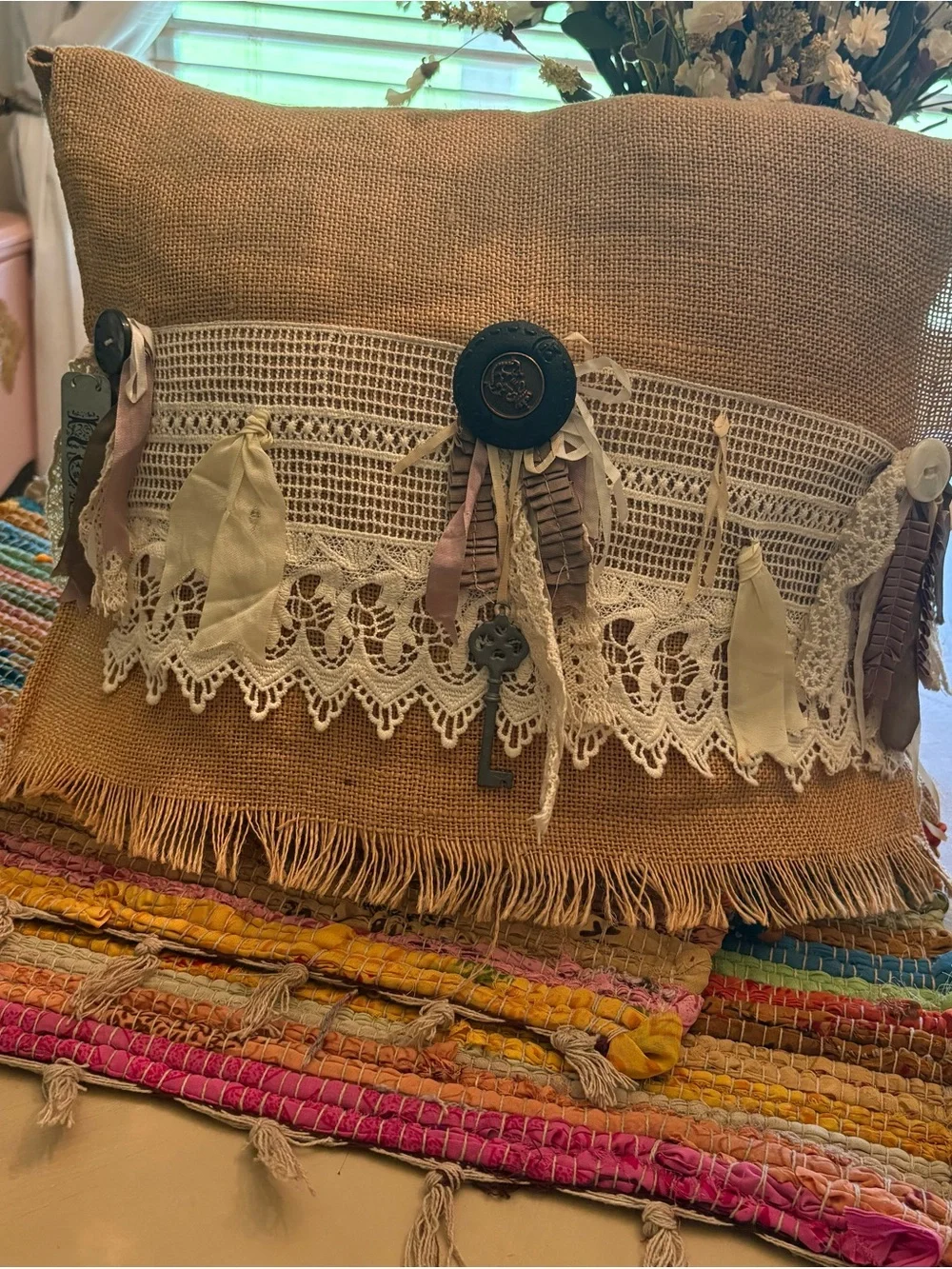 Boho Burlap Decorative Pillow with Lace Trim and Tassels - Neutral